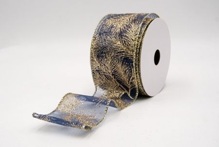 Navy Blue_Glitter Pine Leaves Sheer Wired Ribbon_KF9406GV-4