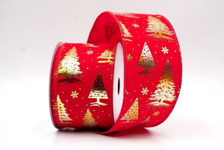 Red/Gold_Festive Holiday Tree Foil Print Wired Ribbon_KF9419GC-7G-7