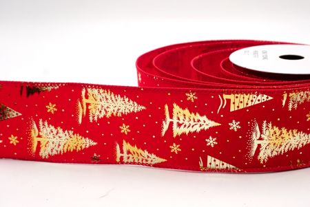 Red/Gold_Festive Holiday Tree Foil Print Wired Ribbon_KF9419GC-7G-7
