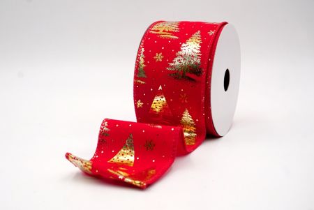 Red/Gold_Festive Holiday Tree Foil Print Wired Ribbon_KF9419GC-7G-7