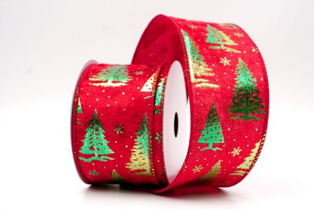 Velvet Red/Green_Festive Holiday Tree Foil Print Wired Ribbon_KF9420GC-7-169