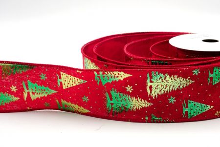 Velvet Red/Green_Festive Holiday Tree Foil Print Wired Ribbon_KF9420GC-7-169