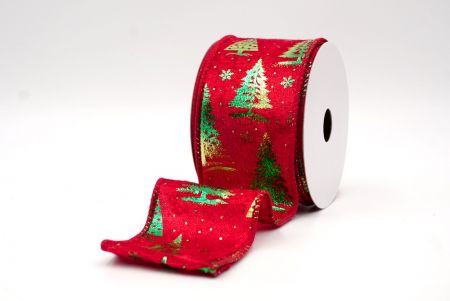 Velvet Red/Green_Festive Holiday Tree Foil Print Wired Ribbon_KF9420GC-7-169