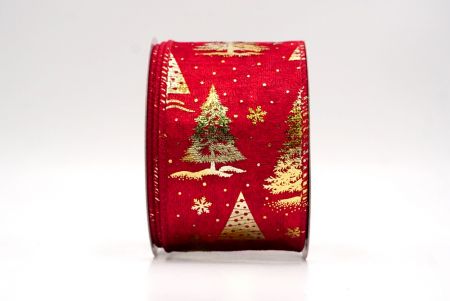 Velvet Red/Gold_Festive Holiday Tree Foil Print Wired Ribbon_KF9420GC-7G-169