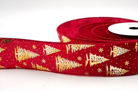 Velvet Red/Gold_Festive Holiday Tree Foil Print Wired Ribbon_KF9420GC-7G-169