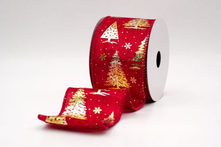 Velvet Red/Gold_Festive Holiday Tree Foil Print Wired Ribbon_KF9420GC-7G-169