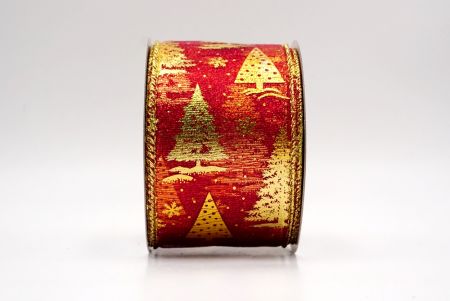 Sheer Red/Gold_Festive Holiday Tree Foil Print Wired Ribbon_KF9421G-7G