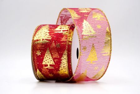 Sheer Red/Gold_Festive Holiday Tree Foil Print Wired Ribbon_KF9421G-7G