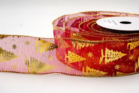 Sheer Red/Gold_Festive Holiday Tree Foil Print Wired Ribbon_KF9421G-7G