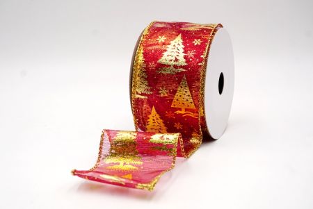 Sheer Red/Gold_Festive Holiday Tree Foil Print Wired Ribbon_KF9421G-7G