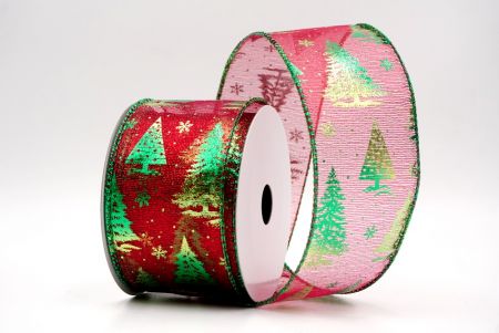 Sheer Red/Green_Festive Holiday Tree Foil Print Wired Ribbon_KF9421GH-7