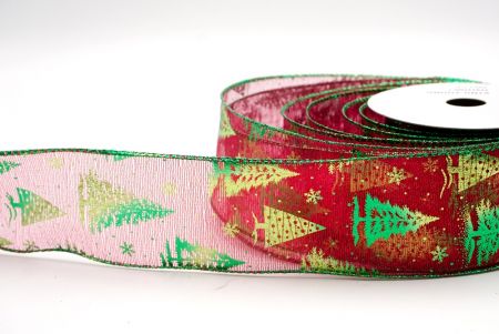 Sheer Red/Green_Festive Holiday Tree Foil Print Wired Ribbon_KF9421GH-7