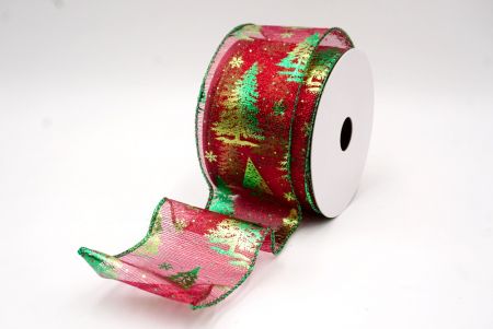 Sheer Red/Green_Festive Holiday Tree Foil Print Wired Ribbon_KF9421GH-7