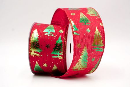 Red/Green_Festive Holiday Tree Foil Print Wired Ribbon_KF9422G-7-7