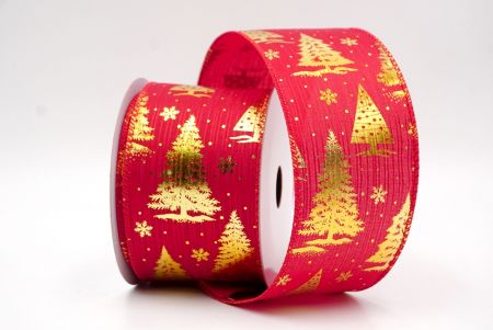 Red/Gold_Festive Holiday Tree Foil Print Wired Ribbon_KF9422GC-7G-7
