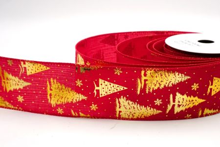 Red/Gold_Festive Holiday Tree Foil Print Wired Ribbon_KF9422GC-7G-7