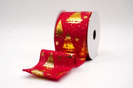 Red/Gold_Festive Holiday Tree Foil Print Wired Ribbon_KF9422GC-7G-7