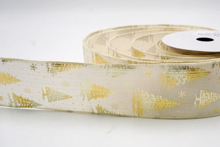Cream/Gold_Festive Holiday Tree Foil Print Wired Ribbon_KF9423GC-2-2