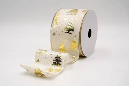 Cream/Gold_Festive Holiday Tree Foil Print Wired Ribbon_KF9423GC-2-2