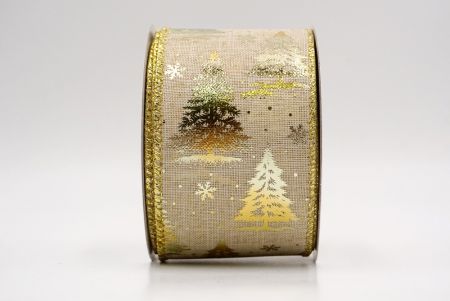 Khaki/Gold_Festive Holiday Tree Foil Print Wired Ribbon_KF9424G-13
