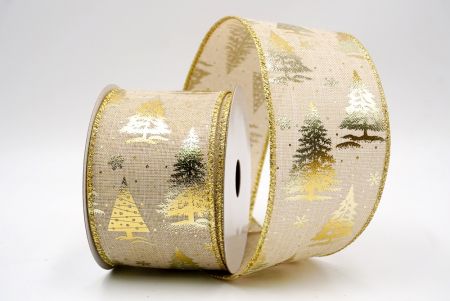 Khaki/Gold_Festive Holiday Tree Foil Print Wired Ribbon_KF9424G-13