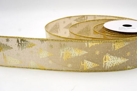 Khaki/Gold_Festive Holiday Tree Foil Print Wired Ribbon_KF9424G-13