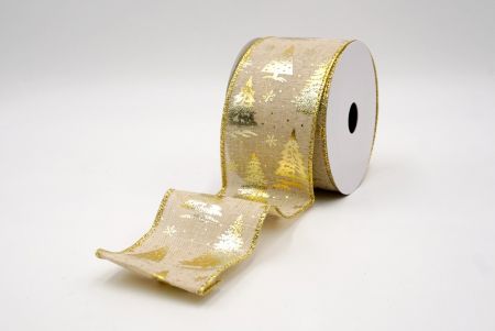Khaki/Gold_Festive Holiday Tree Foil Print Wired Ribbon_KF9424G-13