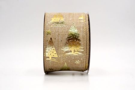 Natural/Gold_Festive Holiday Tree Foil Print Wired Ribbon_KF9424GC-14-183