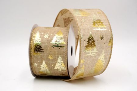 Natural/Gold_Festive Holiday Tree Foil Print Wired Ribbon_KF9424GC-14-183