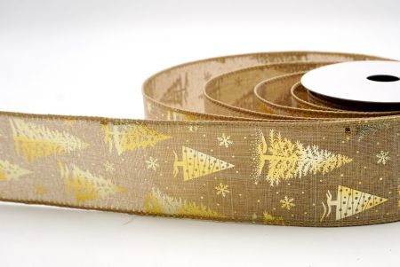 Natural/Gold_Festive Holiday Tree Foil Print Wired Ribbon_KF9424GC-14-183