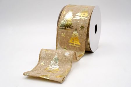 Natural/Gold_Festive Holiday Tree Foil Print Wired Ribbon_KF9424GC-14-183