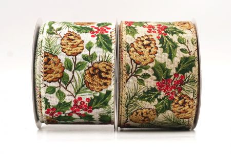 Rustic Pinecones & Red Berries Wired Ribbon - Rustic Pinecones & Red Berries Wired Ribbon