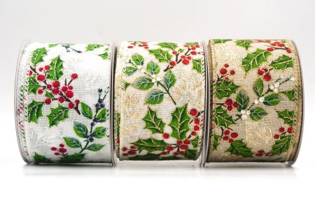 Classic Holly Leaves & Berries Wired Ribbon - Classic Holly Leaves & Berries Wired Ribbon