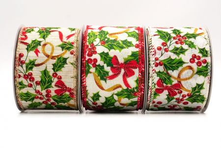 Festive Poinsettia & Holly Garland Wired Ribbon - Festive Poinsettia & Holly Garland Wired Ribbon