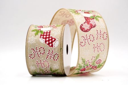 Cinta de alambre de calcetín navideño caqui Ho Ho Ho_KF9468GC-13-183