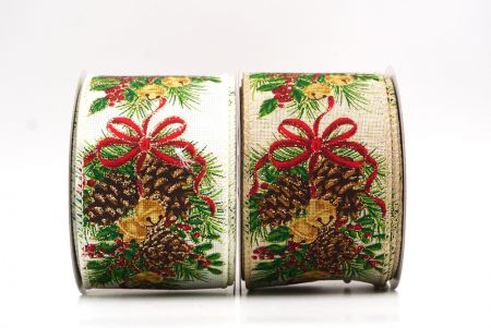 Holiday Pinecones & Red Bow Garland Wired Ribbon - Holiday Pinecones & Red Bow Garland Wired Ribbon
