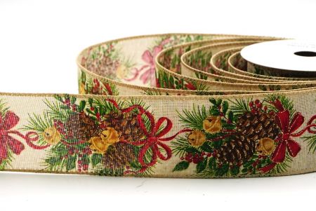 Hellbraune Feiertags-Tannenzapfen & Rote Schleifen-Girlande Drahtband_KF9473GC-13-183