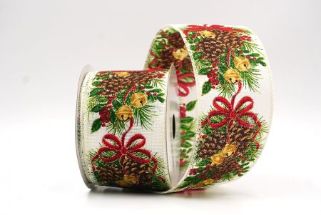 Cremeweiße Feiertags-Tannenzapfen & Rote Schleifen-Girlande Drahtband_KF9473GC-2-2