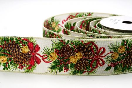 Cremeweiße Feiertags-Tannenzapfen & Rote Schleifen-Girlande Drahtband_KF9473GC-2-2