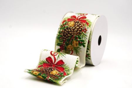 Cremeweiße Feiertags-Tannenzapfen & Rote Schleifen-Girlande Drahtband_KF9473GC-2-2