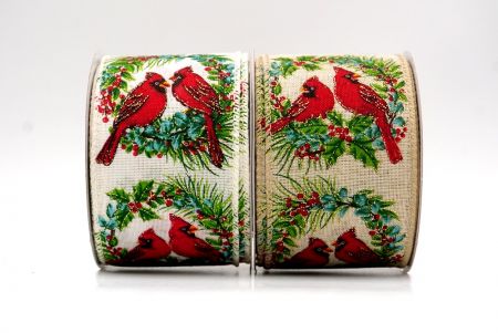 Christmas Cardinal in Holly Berry Wreath Wired Ribbon - Christmas Cardinal in Holly Berry Wreath Wired Ribbon