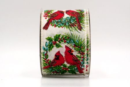 Creme_Weihnachts-Kardinal im Stechpalmenbeerenkranz Drahtband_KF9474GC-2-2