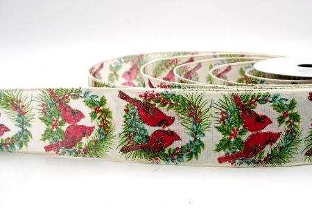 Creme_Weihnachts-Kardinal im Stechpalmenbeerenkranz Drahtband_KF9474GC-2-2