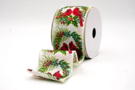 Creme_Weihnachts-Kardinal im Stechpalmenbeerenkranz Drahtband_KF9474GC-2-2