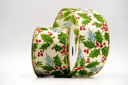 Cremeweißes -Gold Draht klassisches Stechpalmenblatt & Beeren Drahtband_KF9490G-2