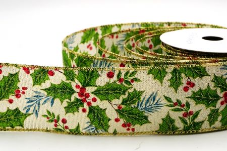 Cremeweißes -Gold Draht klassisches Stechpalmenblatt & Beeren Drahtband_KF9490G-2