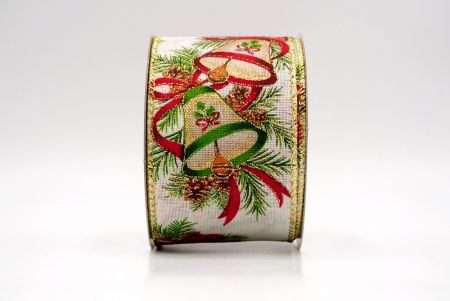 क्रीम/गोल्ड_क्रिसमस बेल और पाइनकोन वायर्ड रिबन_KF9524G-2