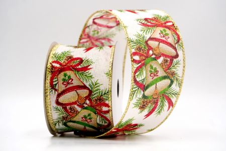 क्रीम/गोल्ड_क्रिसमस बेल और पाइनकोन वायर्ड रिबन_KF9524G-2