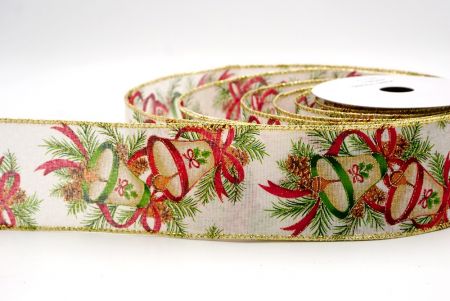 क्रीम/गोल्ड_क्रिसमस बेल और पाइनकोन वायर्ड रिबन_KF9524G-2