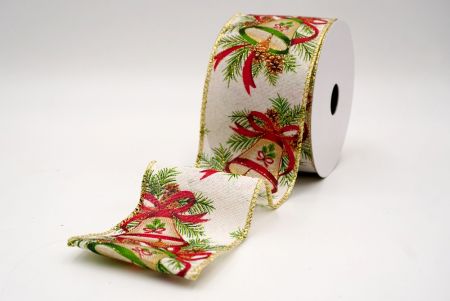 क्रीम/गोल्ड_क्रिसमस बेल और पाइनकोन वायर्ड रिबन_KF9524G-2